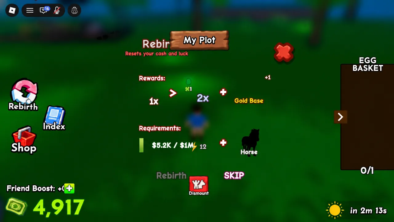 My Plot screen showing the Rebirth option alongside its requirements
