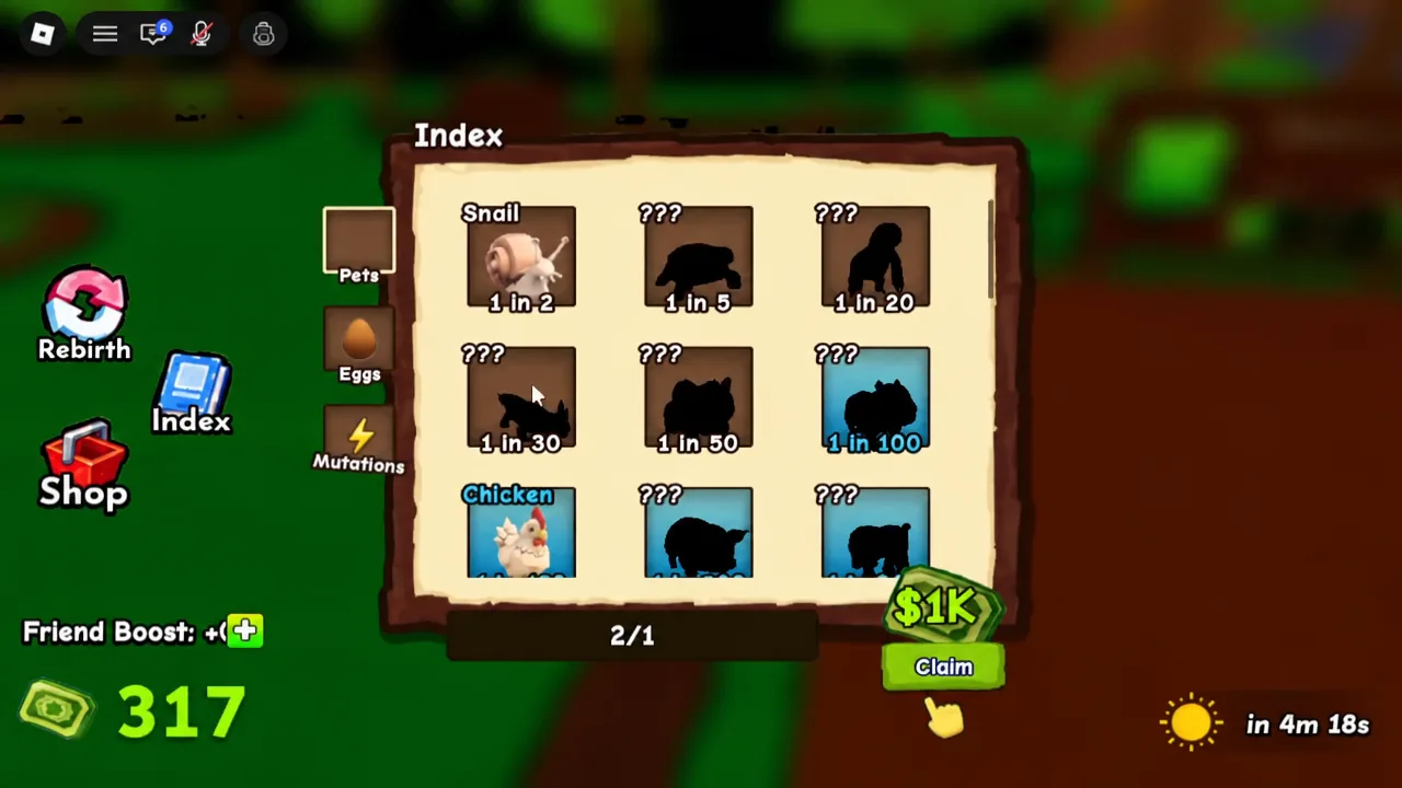Index Pets tab showing a $1K reward with the Claim button available