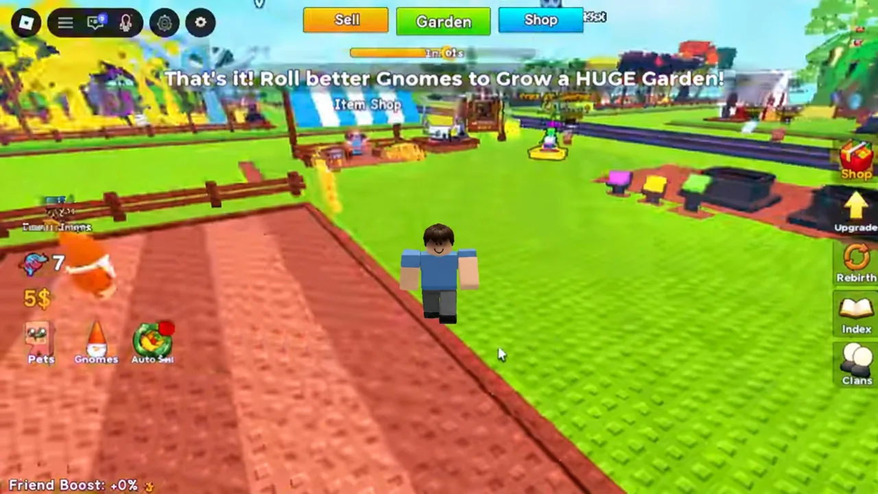 Roll A Gnome plot view during a harvest and sell run with crops growing in the garden