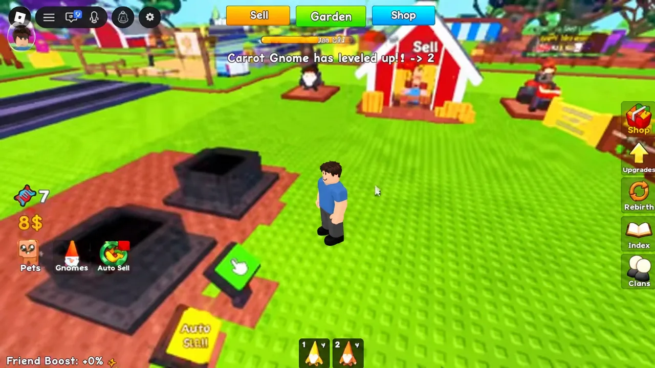 Green hand interaction button next to the garden planter on the player's plot in Roll A Gnome