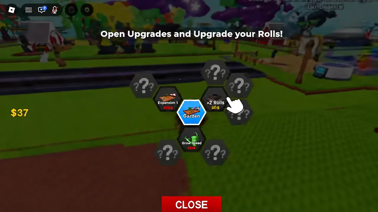Upgrades menu in Roll A Gnome with the +2 Rolls option highlighted for purchase