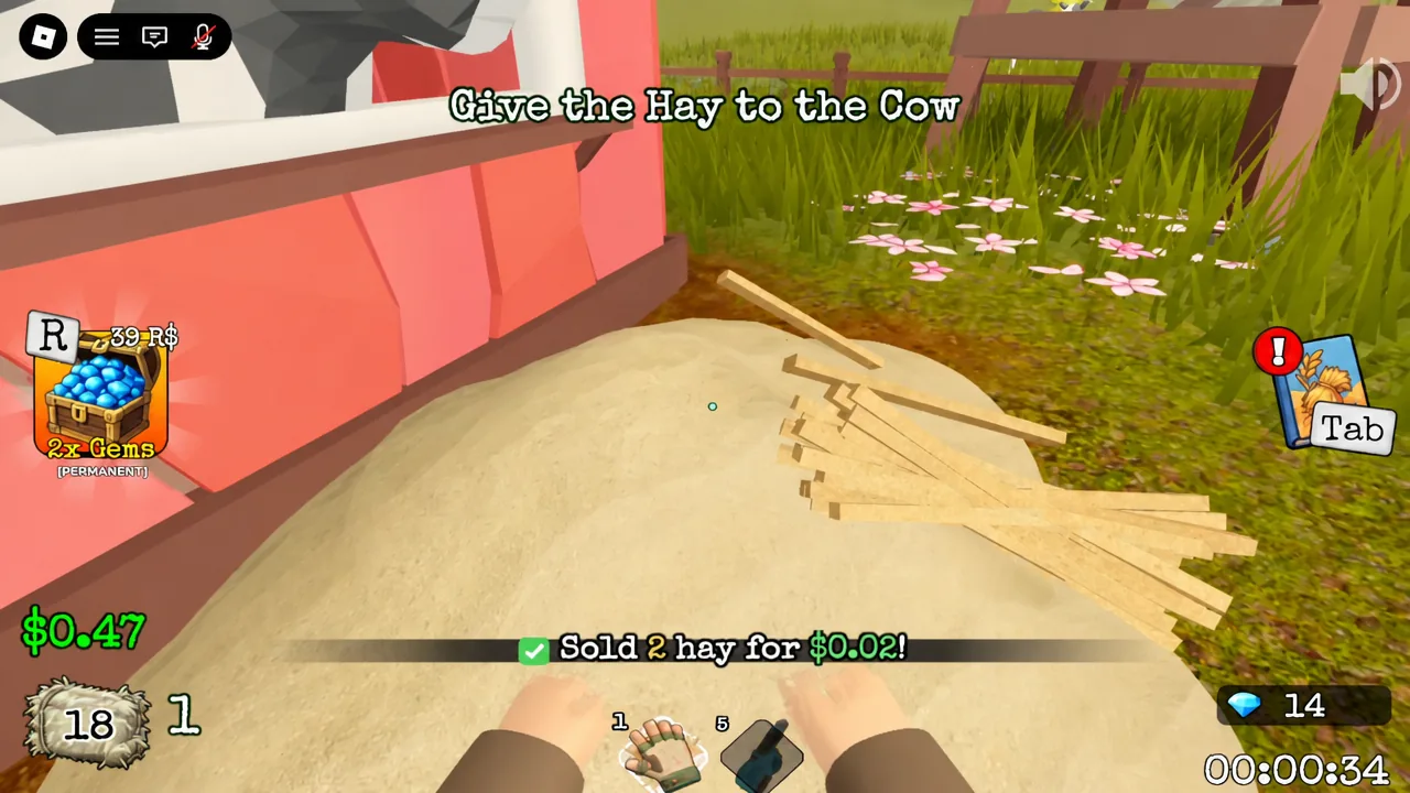 Selling hay to the cow at the barn window with a Sold 2 hay for $0.02 confirmation on screen