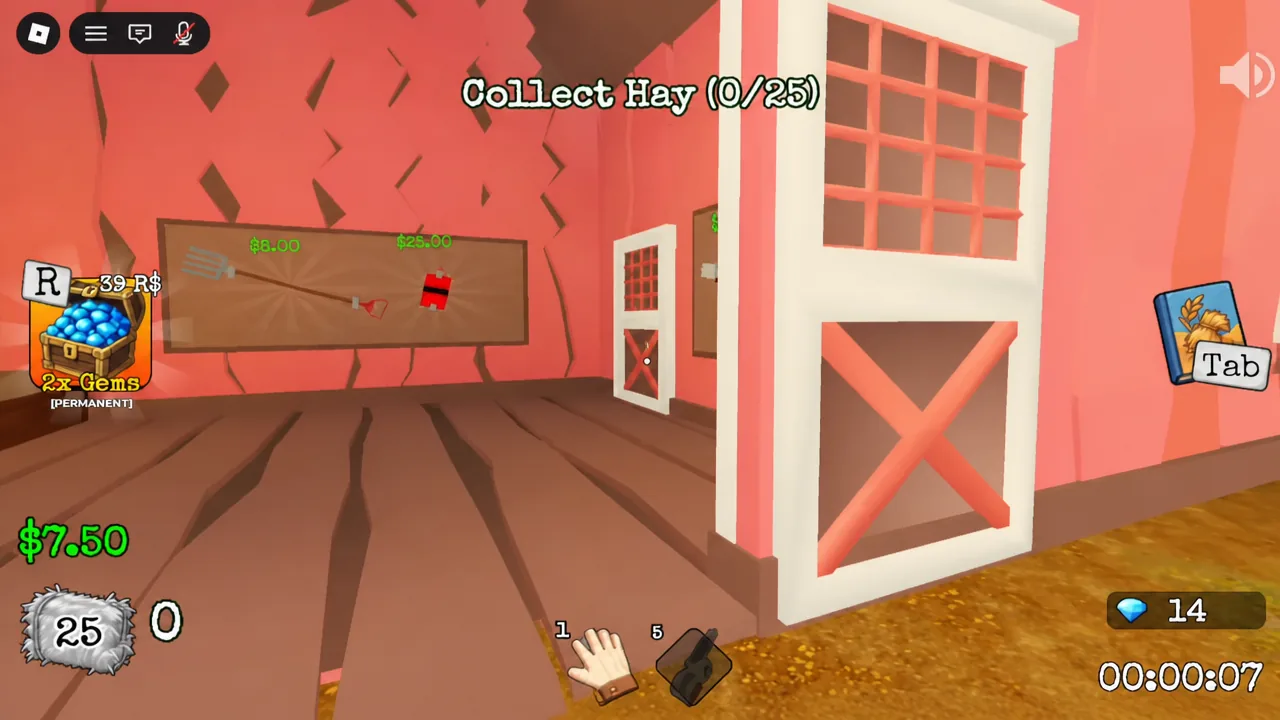 Clicking the haystack on the Farmhouse map while the Collect Hay counter fills toward 25
