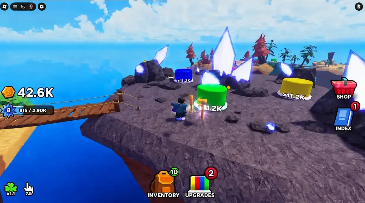 Roblox avatar tapping the green button worth x1.2K on a rocky floating island