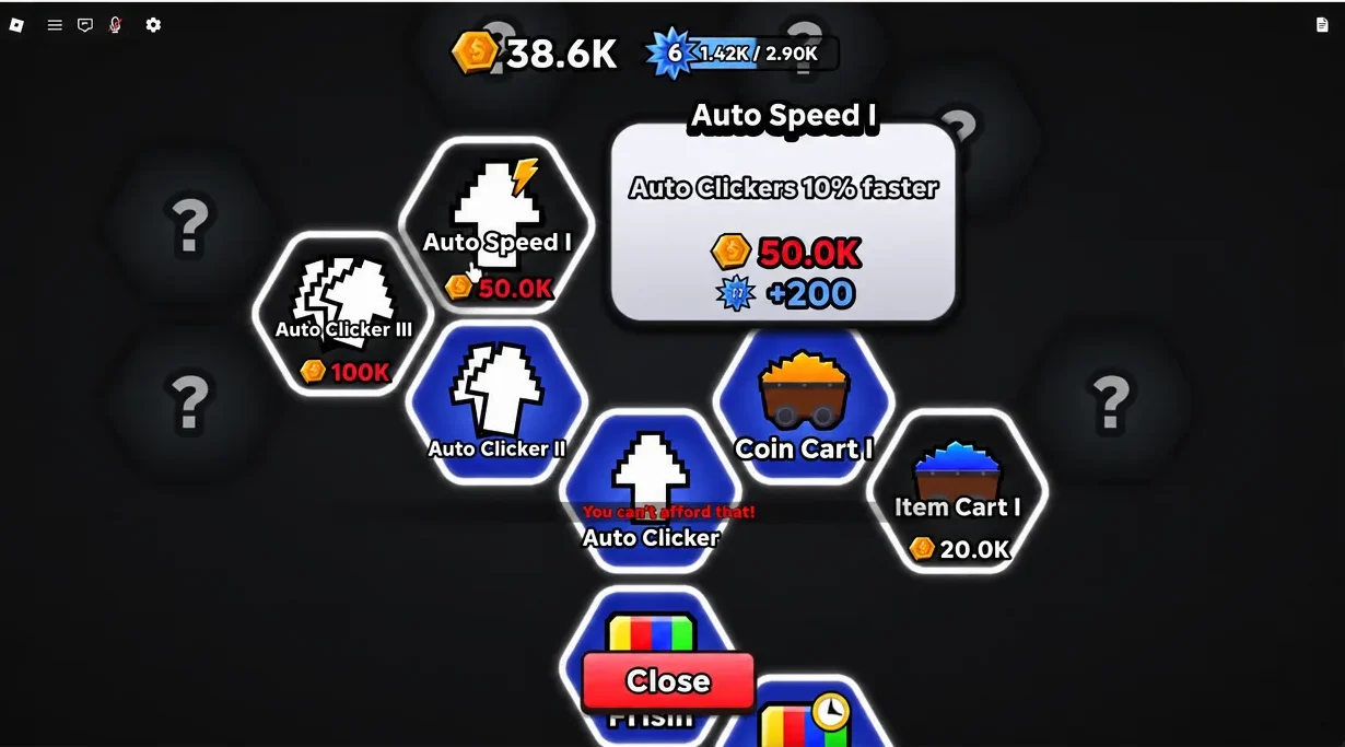 Auto Speed I node highlighted in the upgrade tree showing a 10% speed boost for 50.0K coins