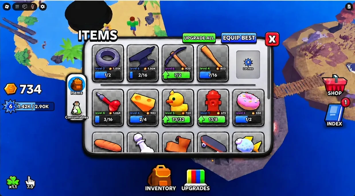 Items inventory screen showing collected gear and the Equip Best button
