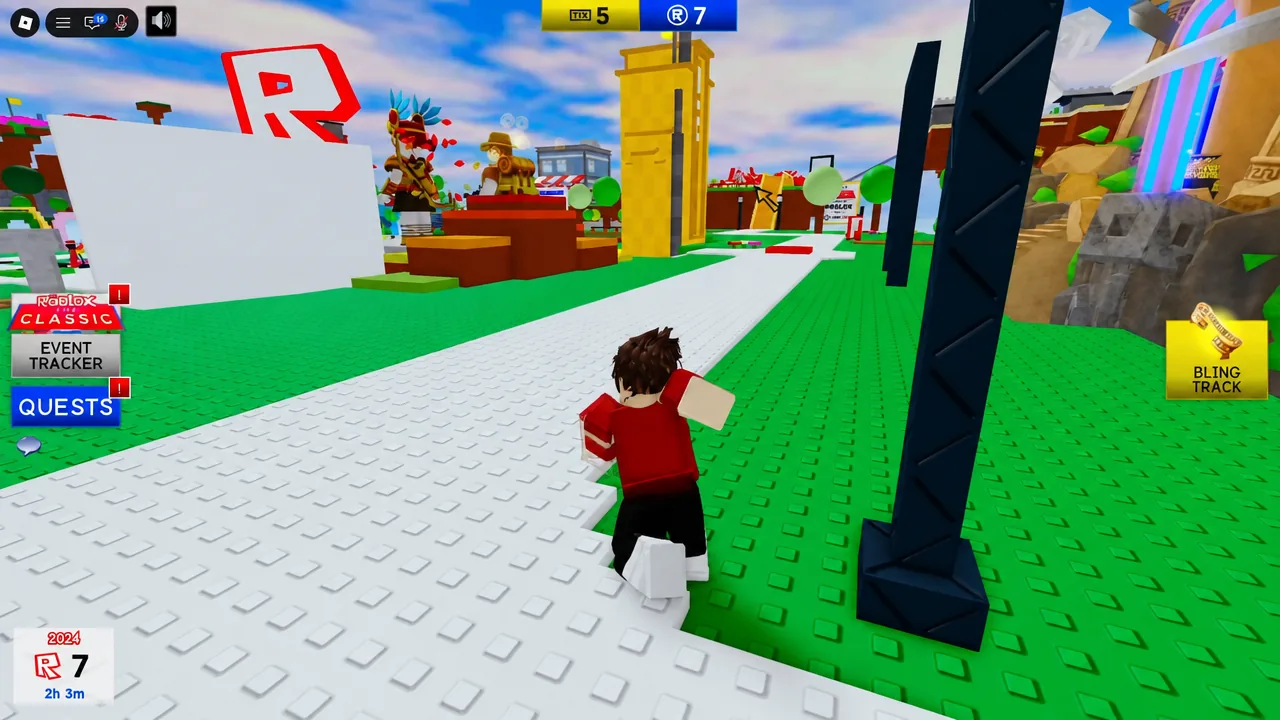Avatar running toward the yellow tower in the Classic hub with the Quests button on the left