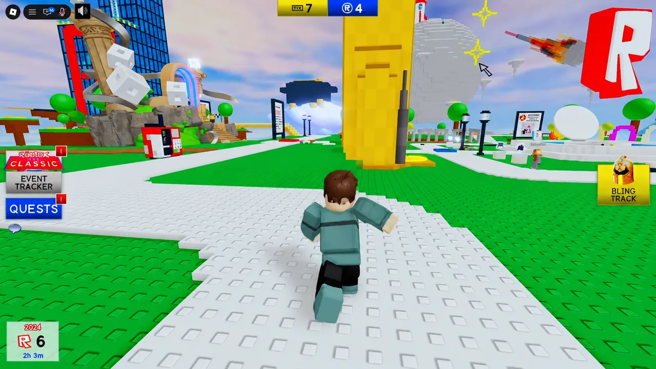 Roblox Classic hub with an avatar running along the path toward the central yellow structure