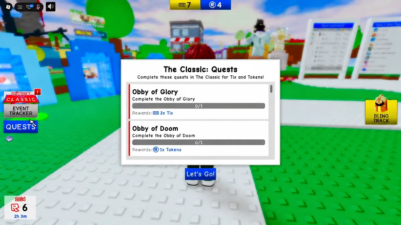 The Classic: Quests menu open showing Obby of Glory and Obby of Doom as incomplete