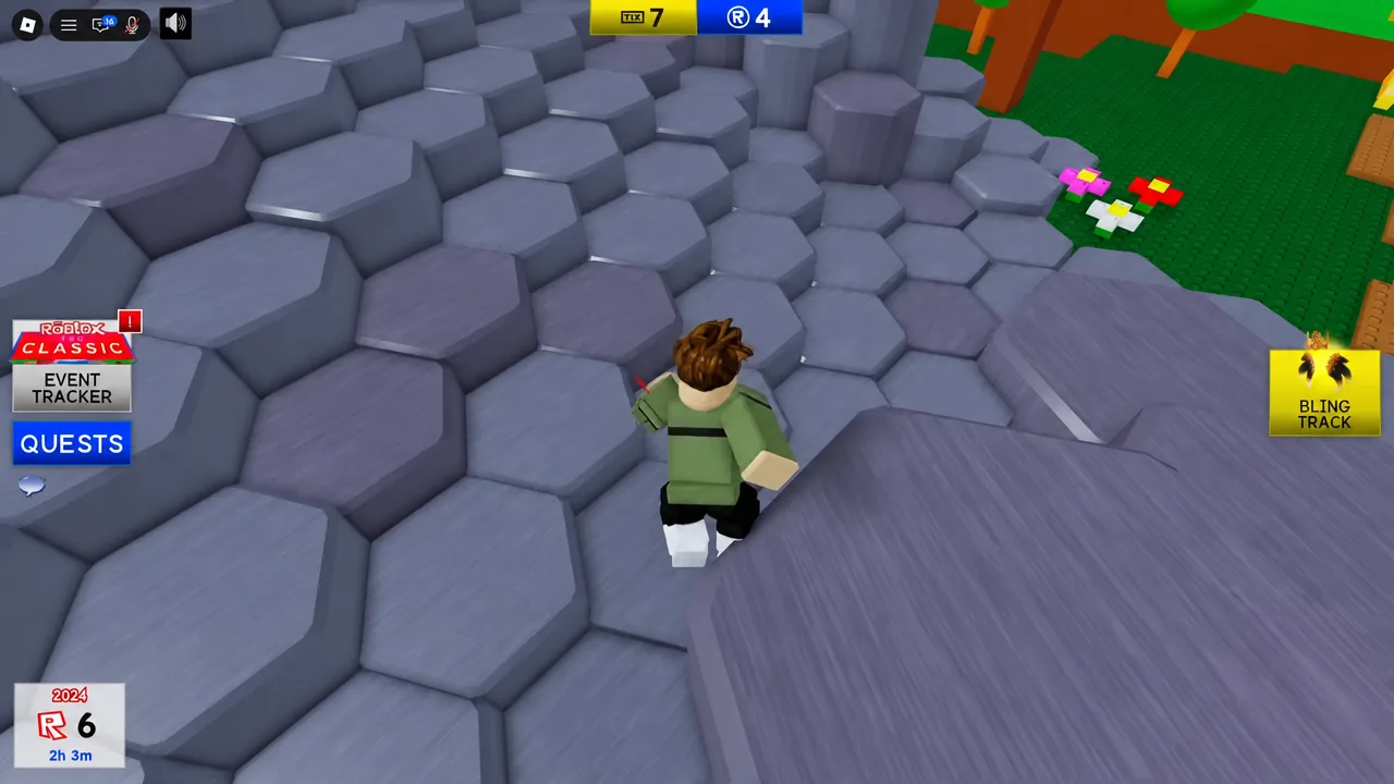 Avatar crossing rocky terrain in the Classic hub with the Quests button on screen