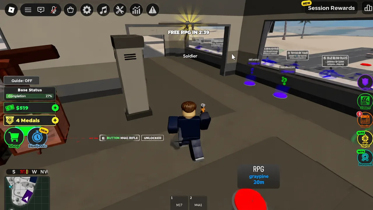 Pickup prompt for the M4A1 rifle on an armory rack inside the base
