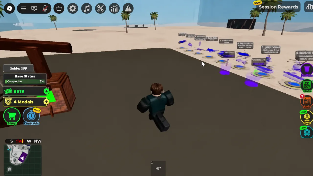 Player crossing the base plot with the Shop button visible in the lower-left HUD