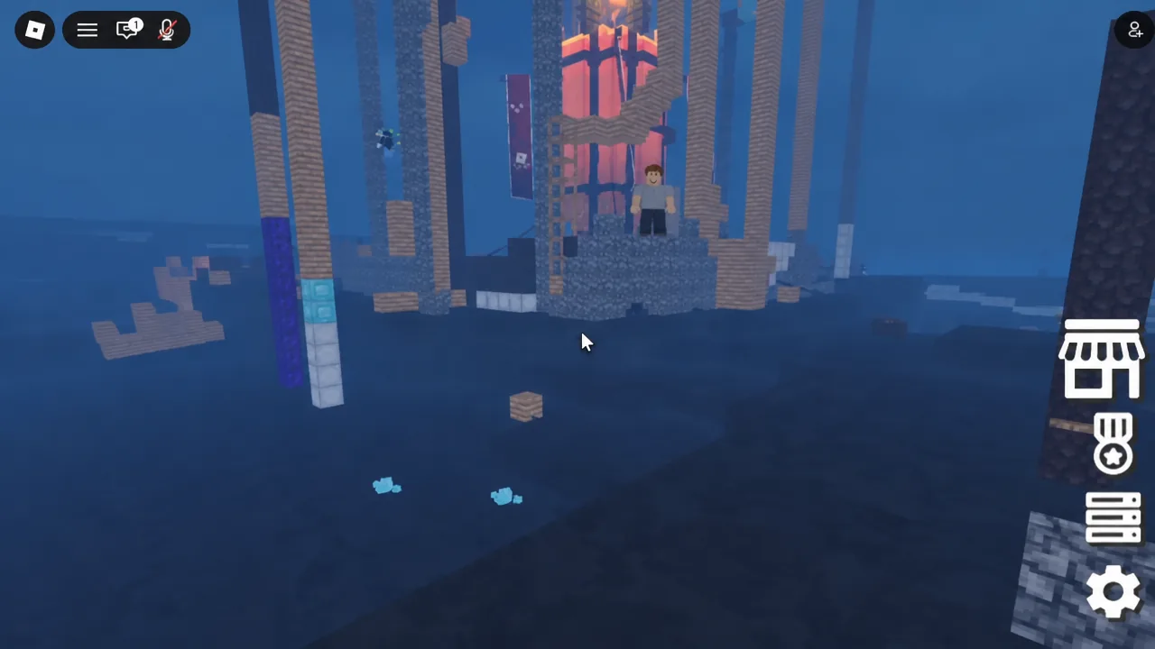 Blocky Zombies vs Humans map with water and player-built structures during a round