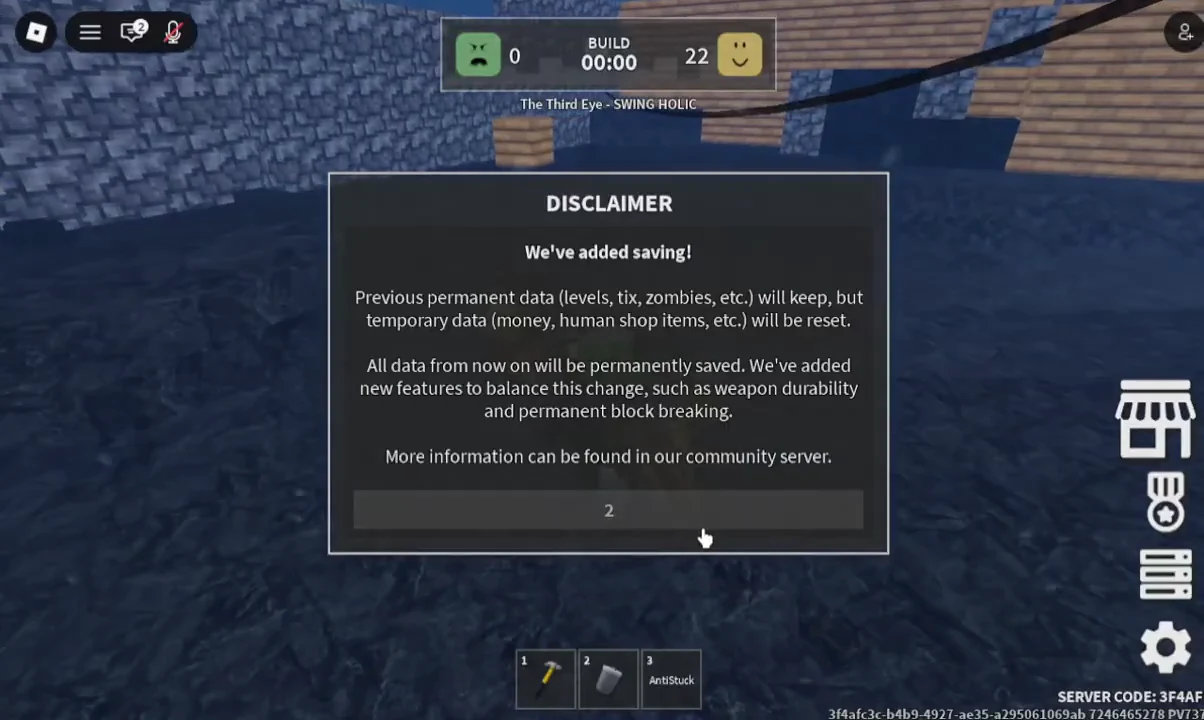 In-game DISCLAIMER pop-up explaining the new saving system, with a confirm button below