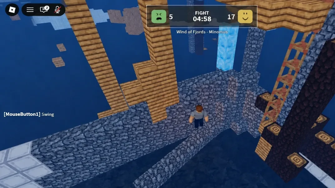 Sword equipped at night with the MouseButton1 swing prompt visible on screen