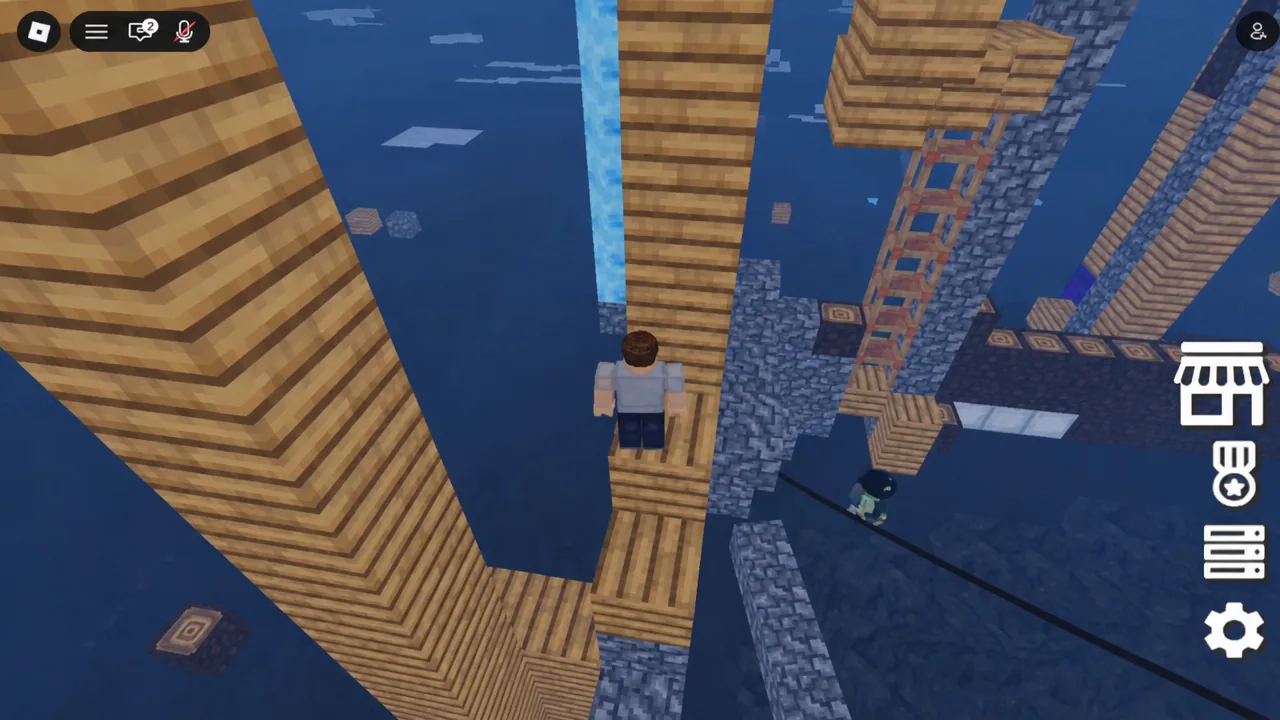 Player climbing wooden and stone platforms with the shop, inventory and settings buttons on the right