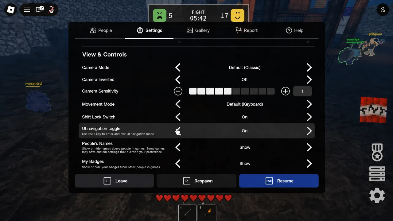 Roblox in-game settings menu with a toggle switched to On