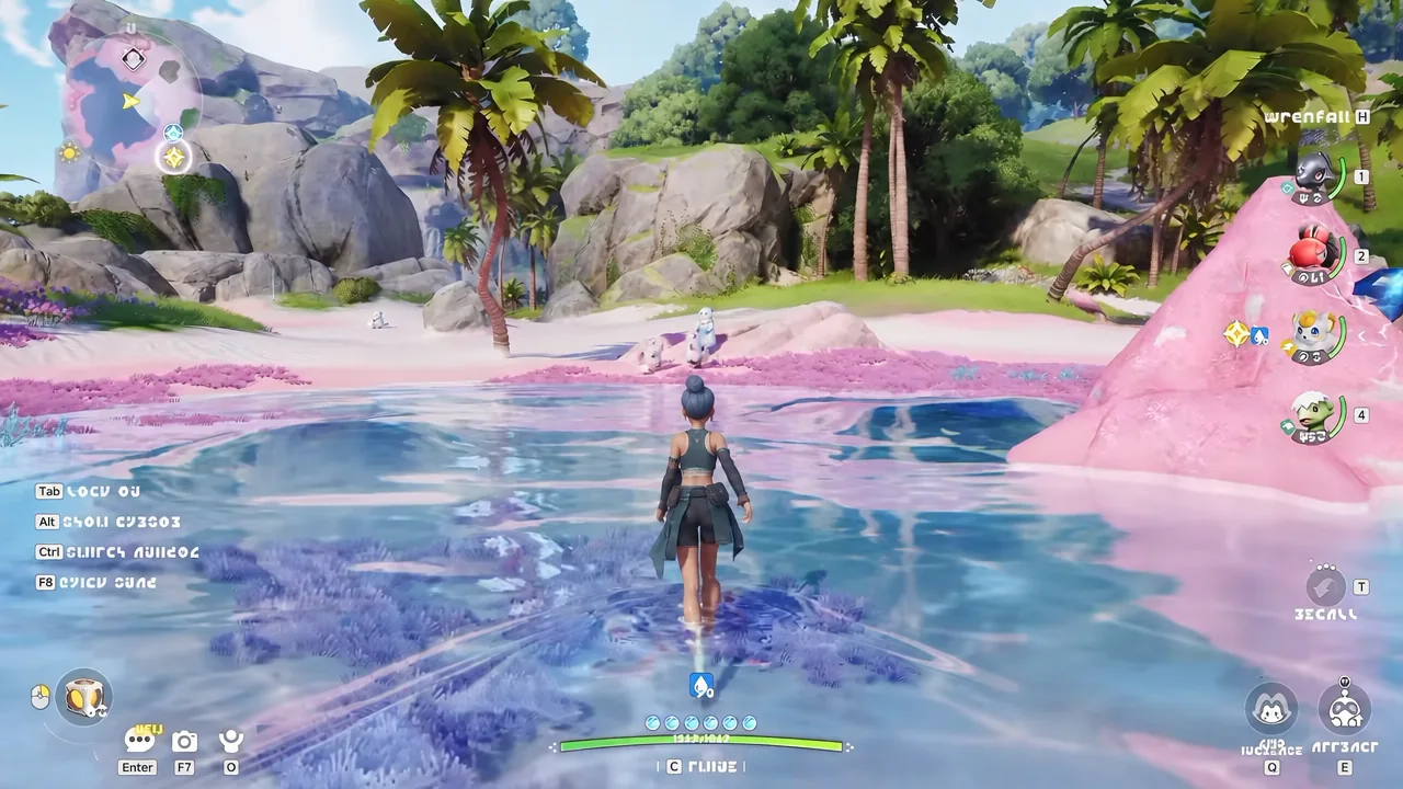 Player character wading through shallow water with HUD controls and party icons visible