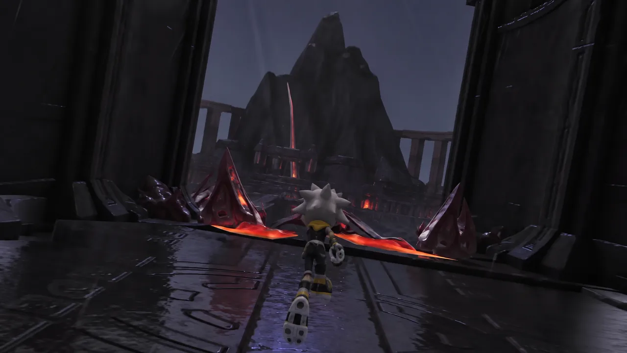 Aniimo character running toward a glowing lava barrier inside a volcanic fortress