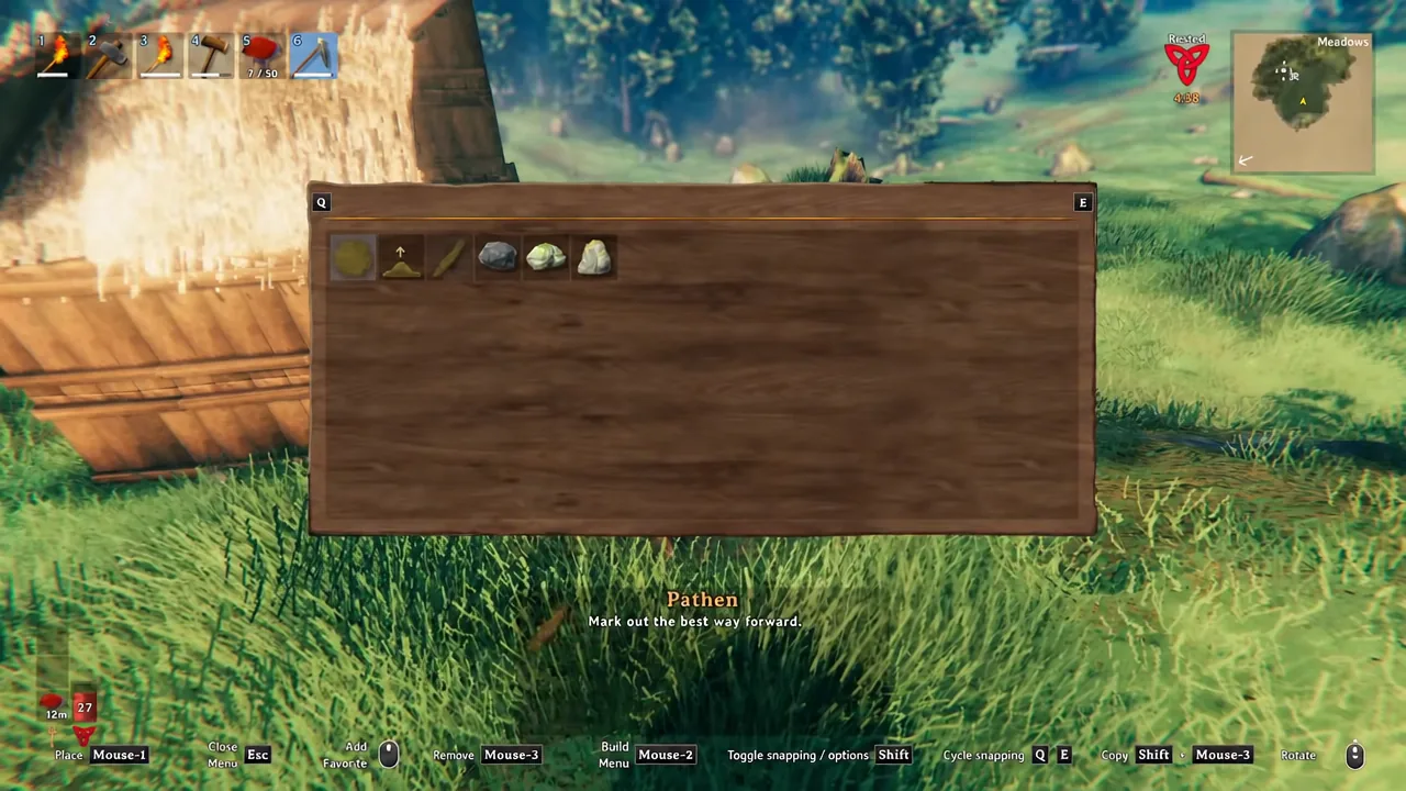 The hoe build menu open, showing the terrain modification options available to select