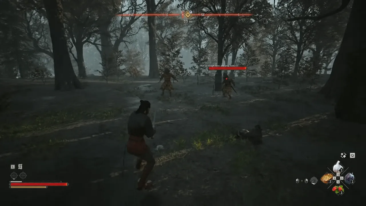 Coen fighting two soldiers in the forest clearing with an enemy health bar targeted