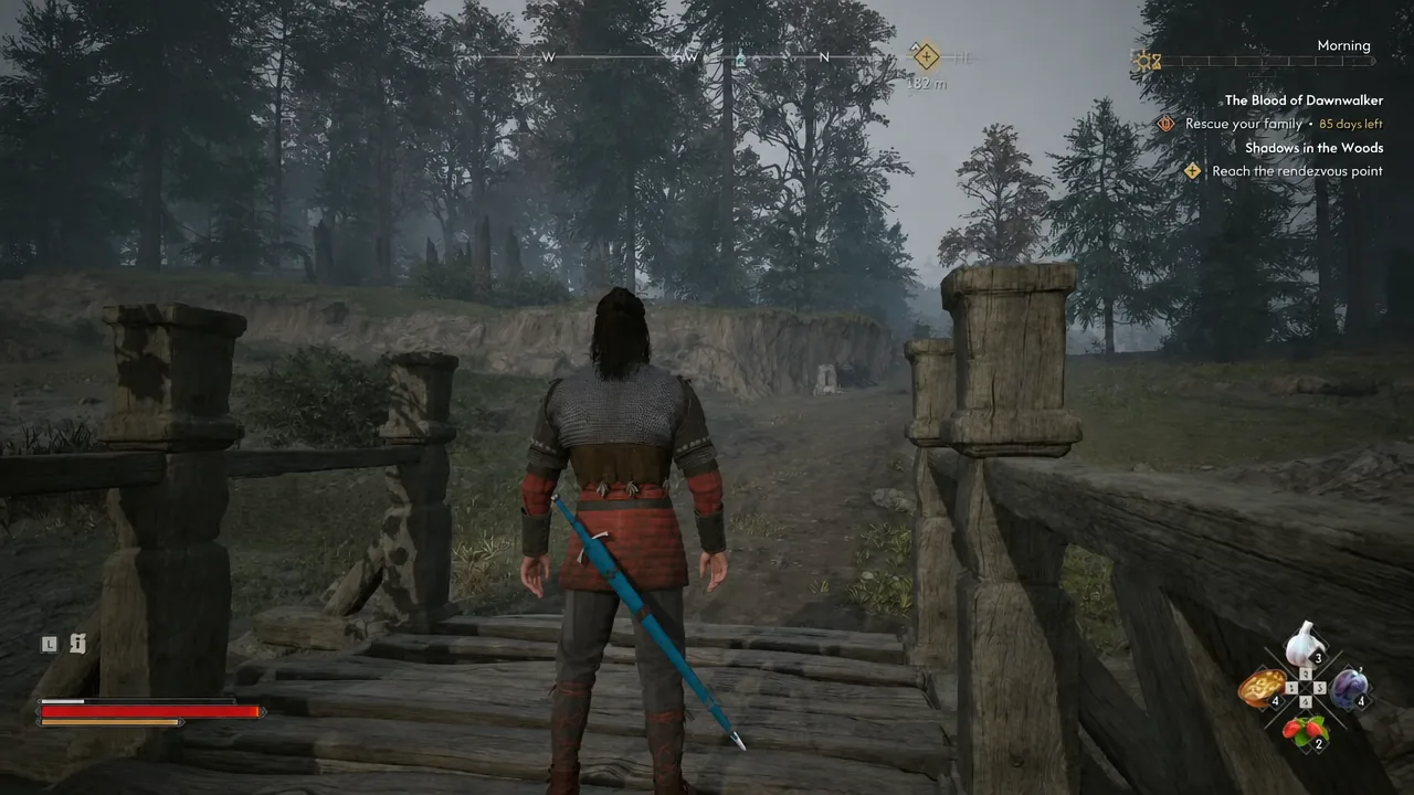 Forest bridge with the Reach the rendezvous point objective highlighted on the gameplay HUD