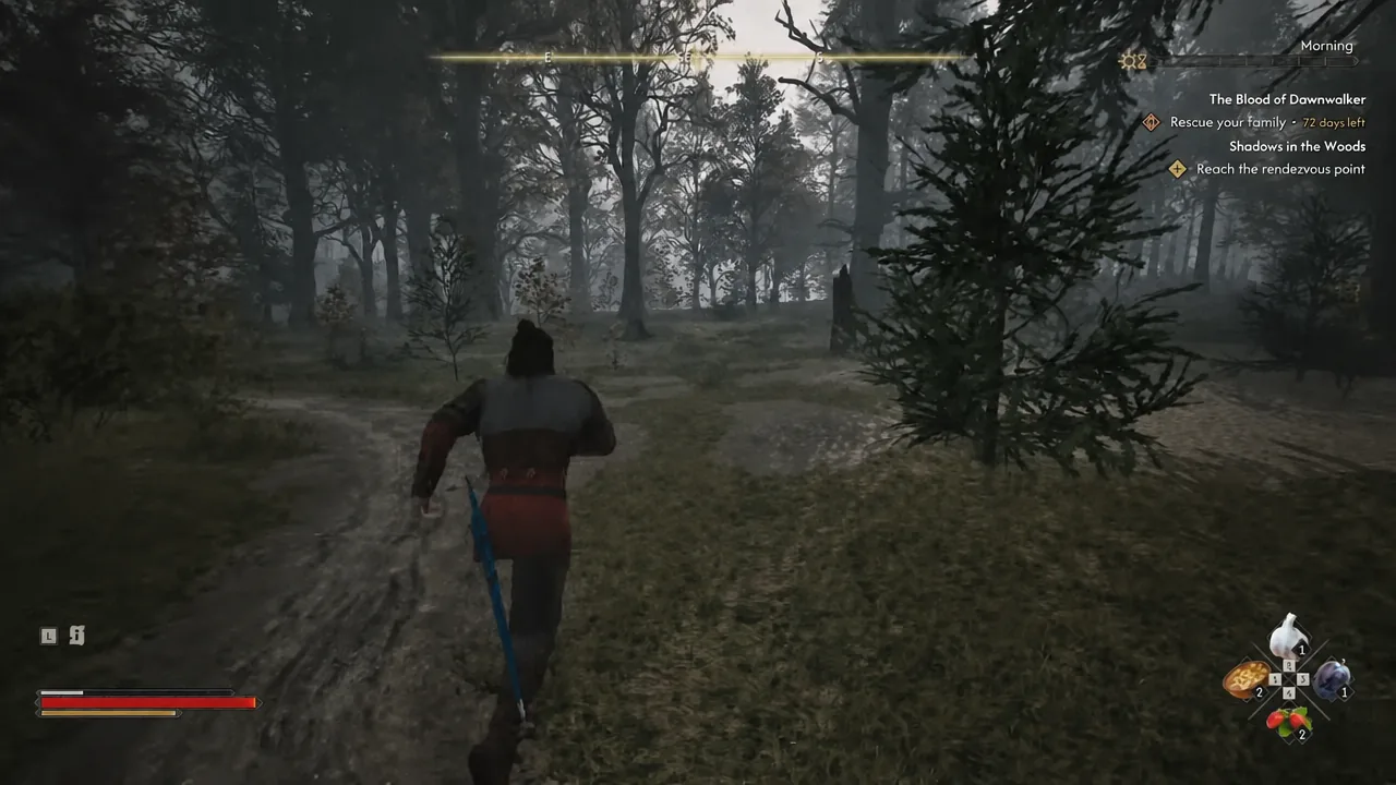 Quest tracker showing Rescue your family and Reach the rendezvous point while running through the forest