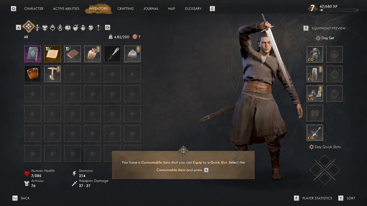 Inventory grid with a single item highlighted and a prompt to assign it to a quick slot