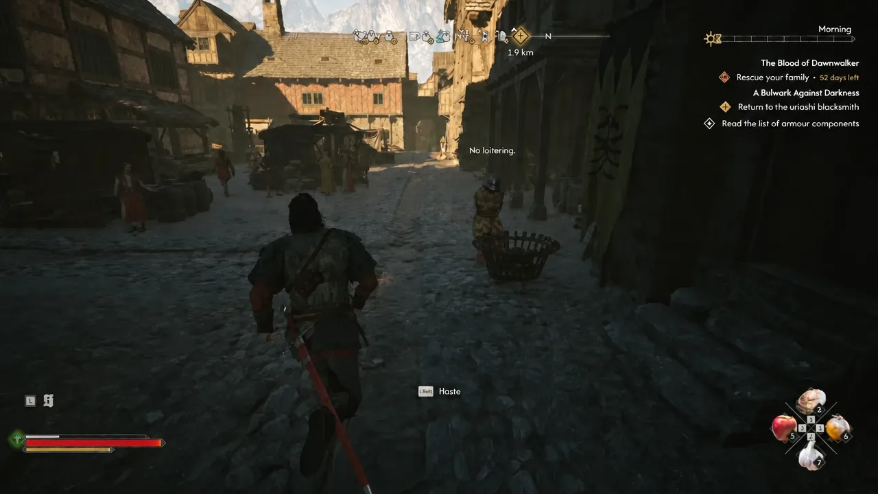 Coen running through a town with the A Bulwark Against Darkness objective shown on the HUD tracker