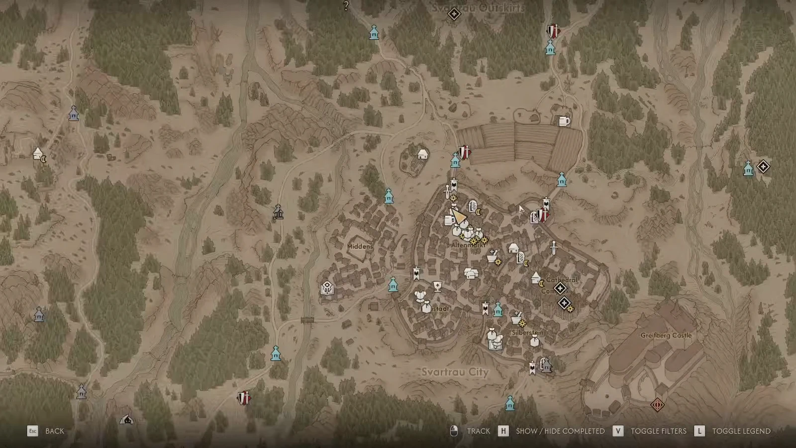World map open on Svartrau City with location markers and map filter options visible