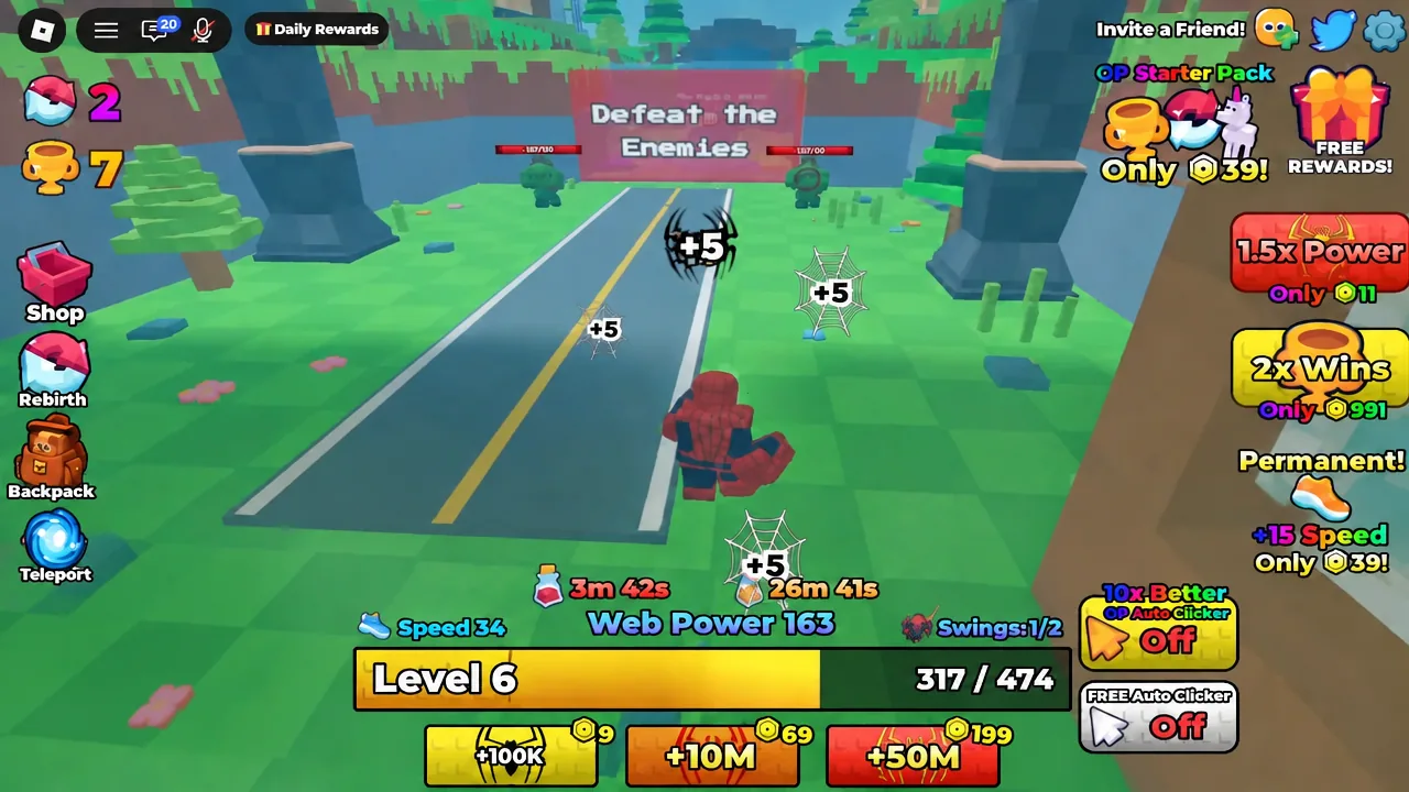 Defeat the Enemies objective on screen while Web Power and level progress update during a fight