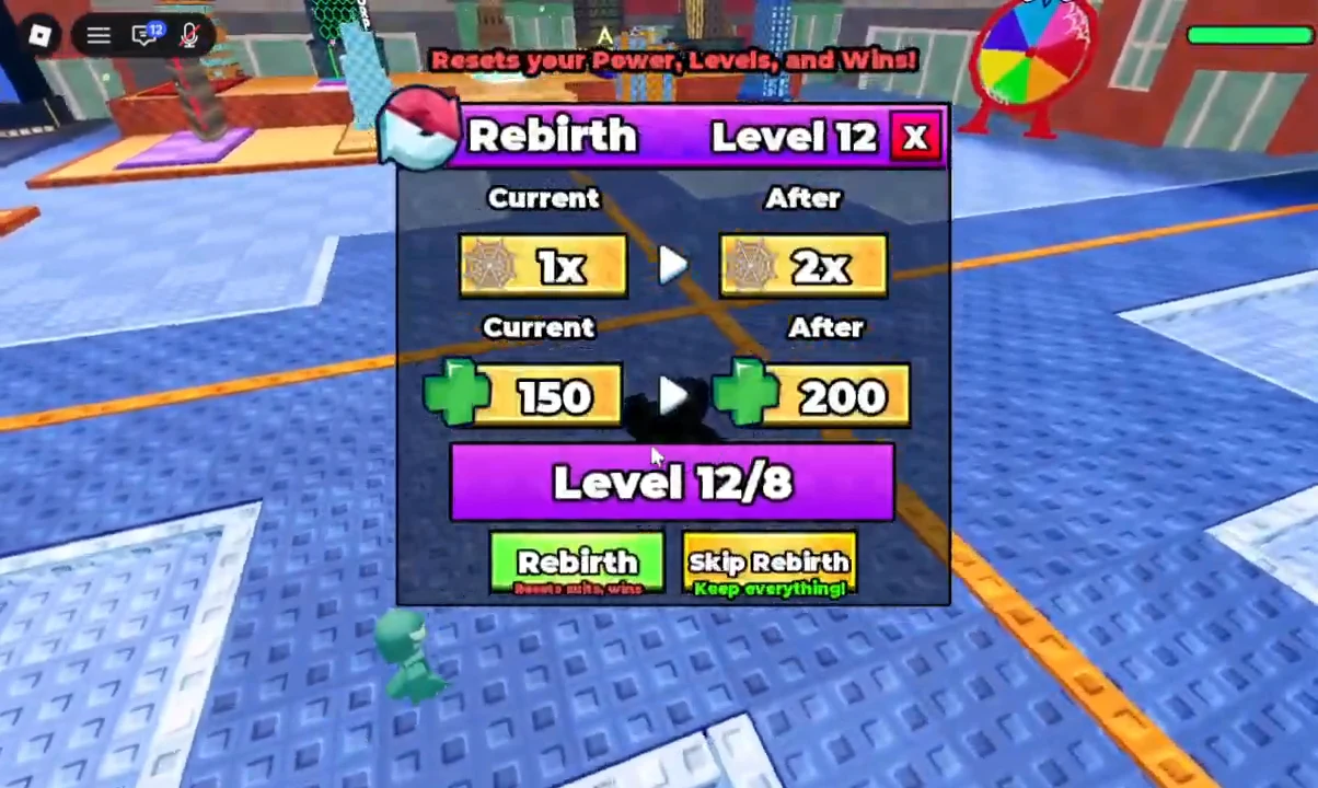 Rebirth menu showing the Level 12 requirement, current and upgraded stats, and the green Rebirth button