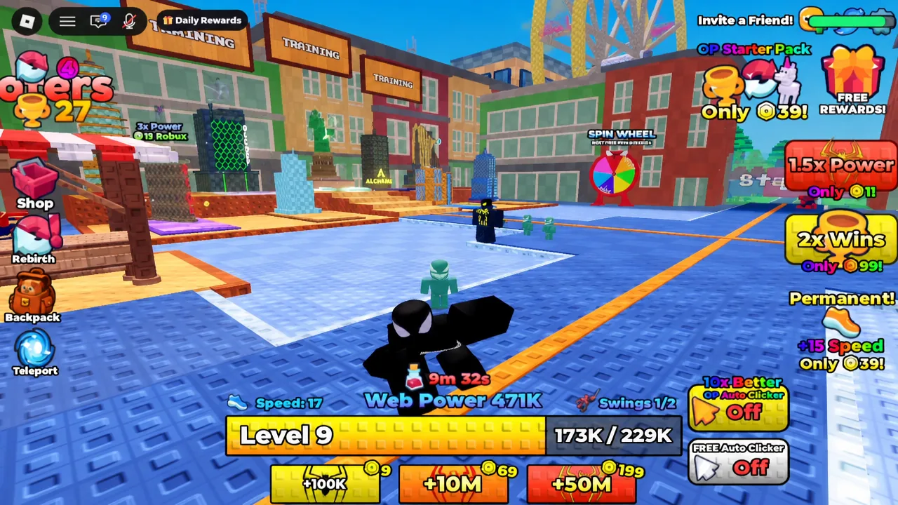 Main gameplay screen with the Level 9 progress bar and Web Power counter above the training plaza
