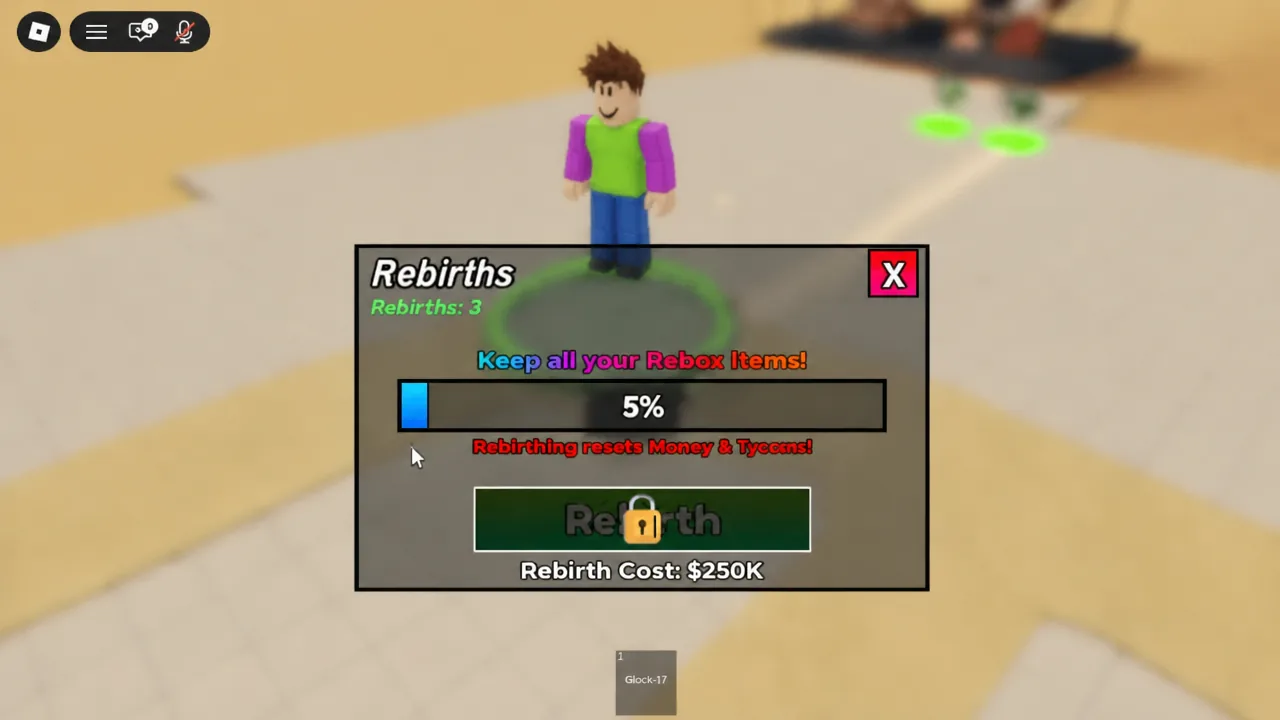 The Rebirths menu with a greyed-out rebirth button and a progress bar sitting at 5 percent