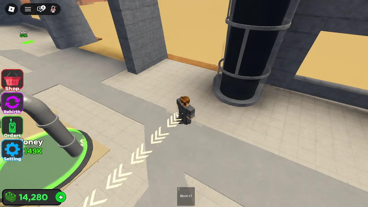 Floor arrows in the base leading the player toward the next affordable Block-17 purchase pad