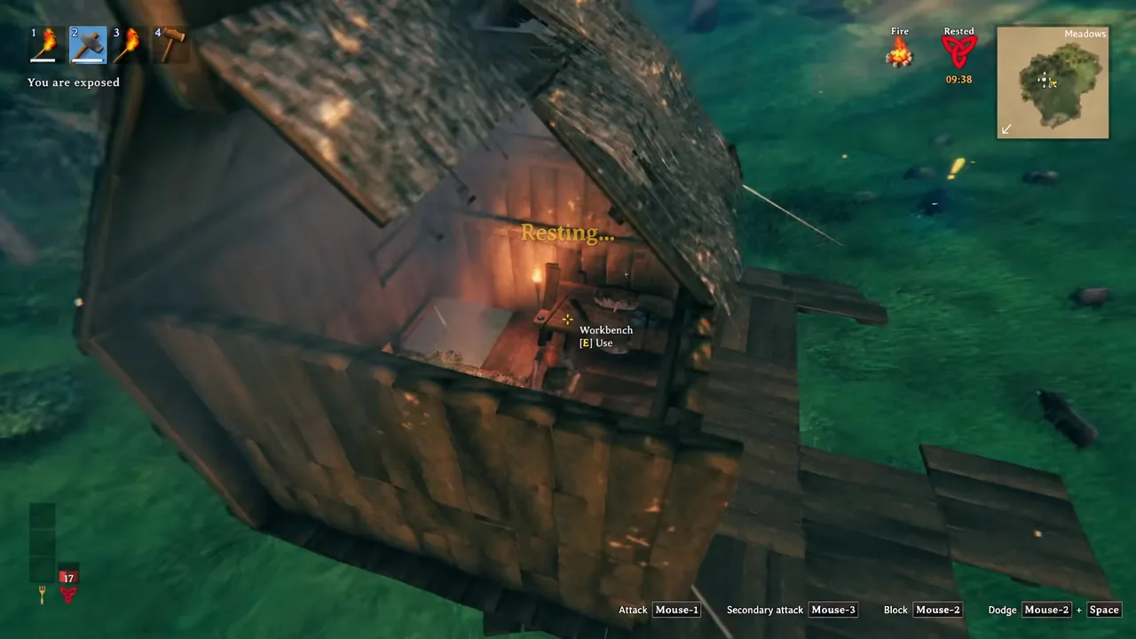 The Workbench [E] Use interaction prompt showing while the character rests inside a hut