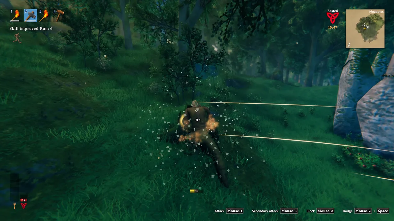 Valheim hotbar with slot 2 selected as an attack lands and an 8.1 damage number pops up