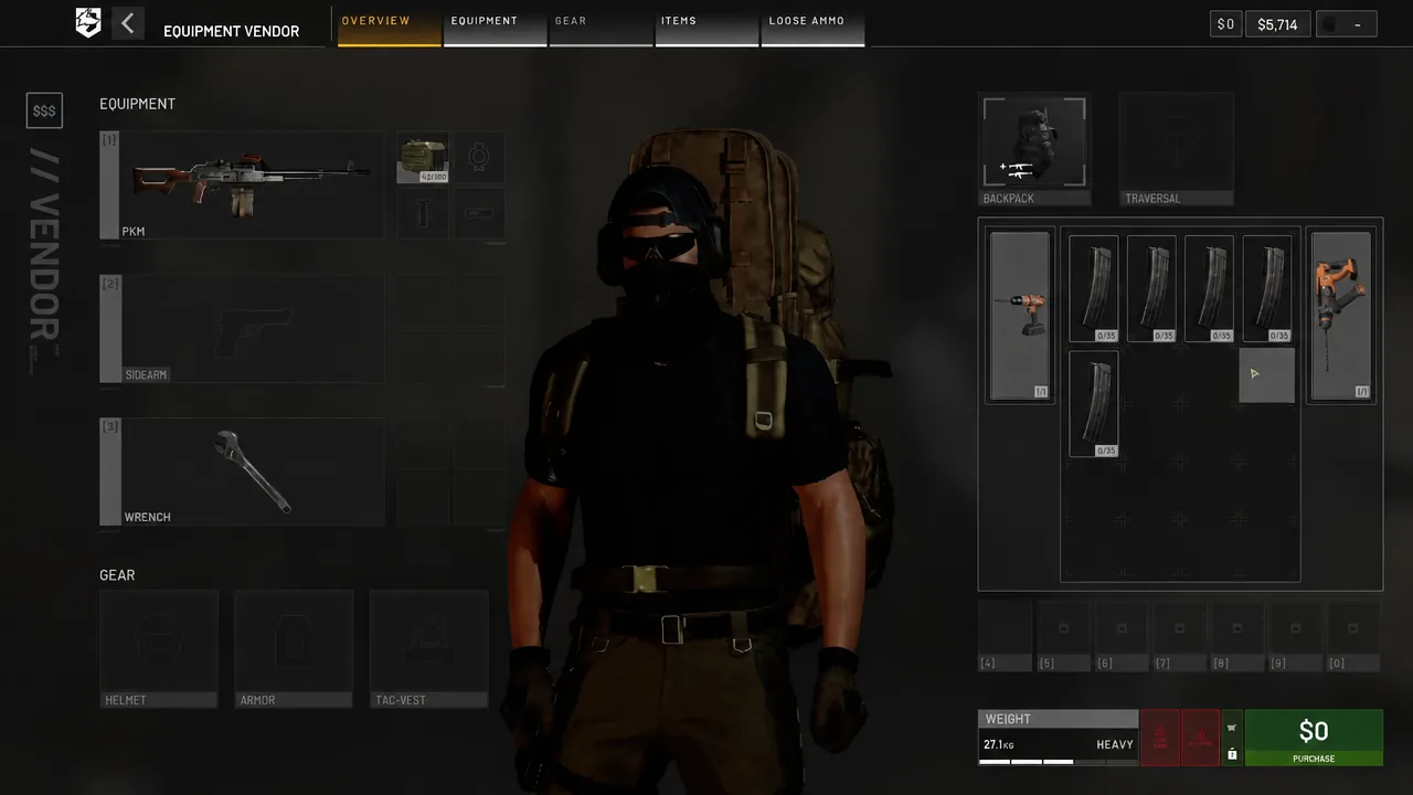 Equipment Vendor Overview tab showing the operator's weapons, gear and carried items