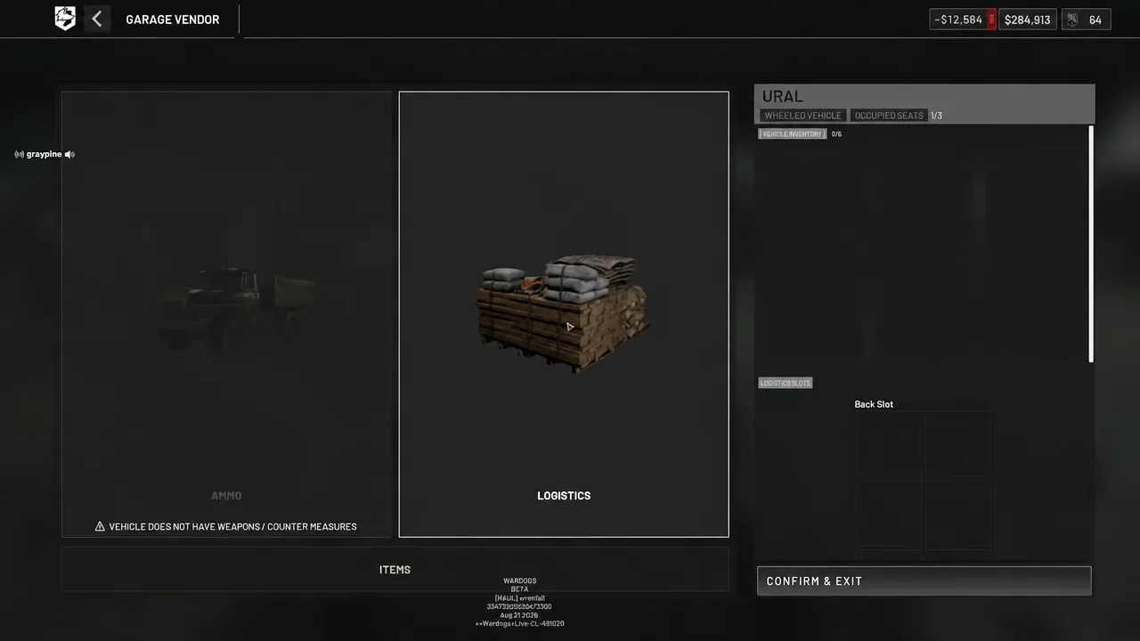 Garage Vendor screen with the Logistics tab highlighted while loading the Ural's inventory slots