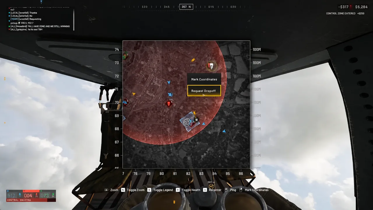 Tactical map with the right-click menu open and Request Dropoff highlighted at the cursor
