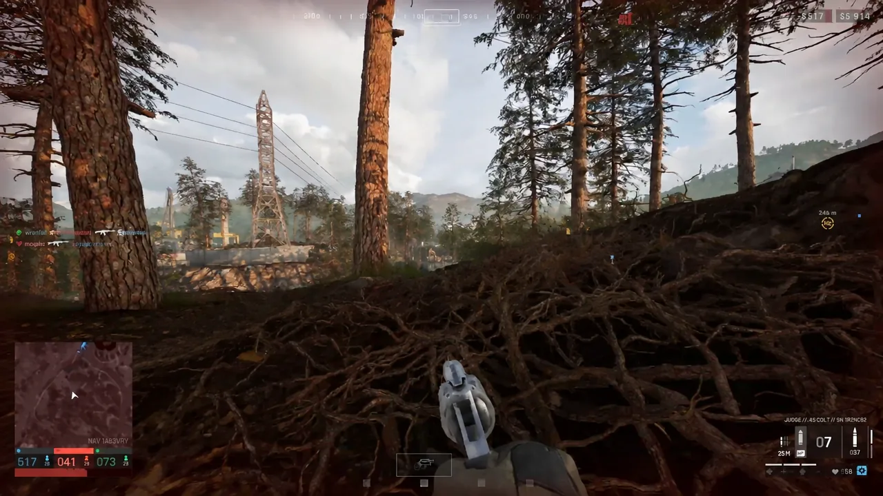 First-person view moving through forest after landing, revolver drawn, HUD showing ammo and minimap