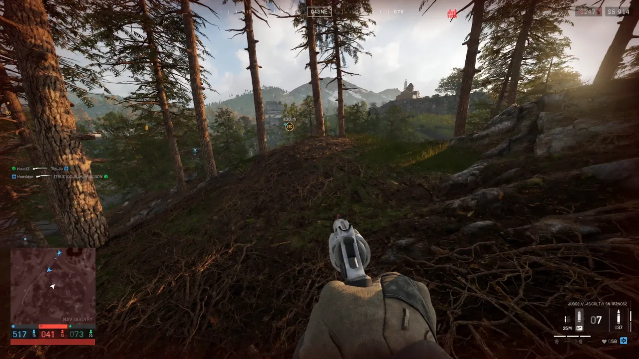 Player aiming a pistol toward a marked objective visible through trees in a forest