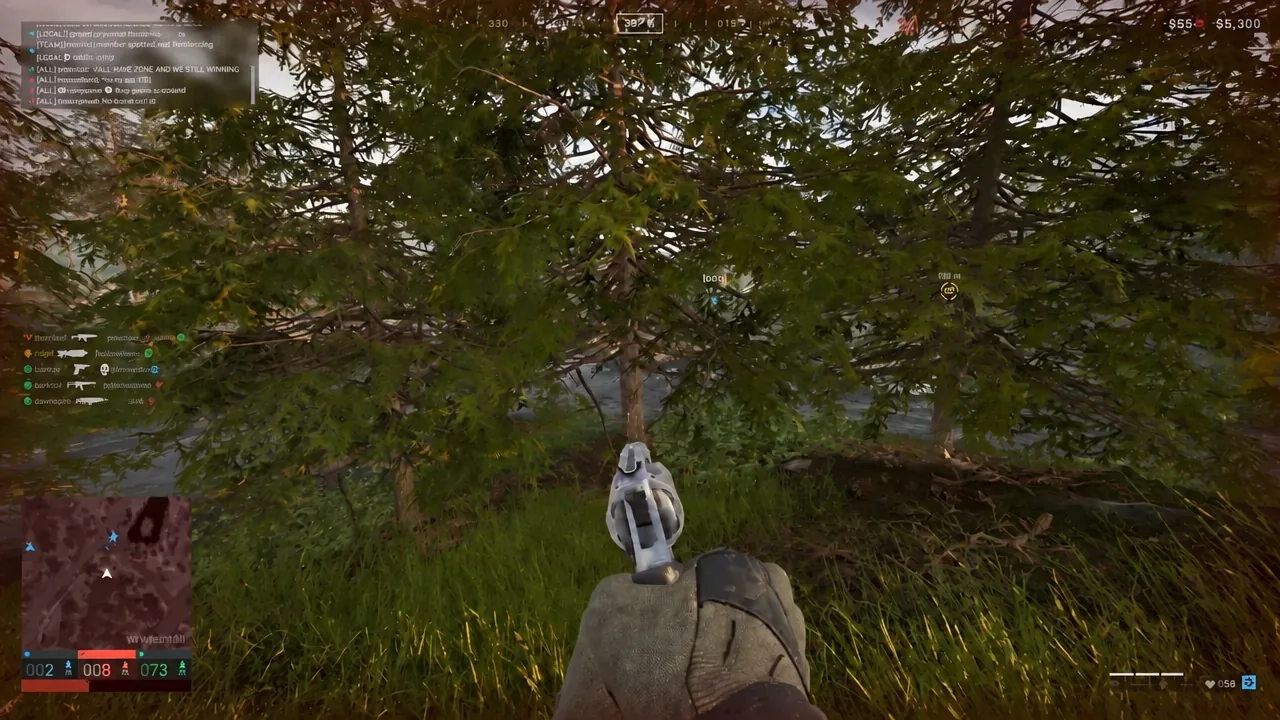 First-person view aiming a revolver through thick foliage with the minimap and ammo counter on screen
