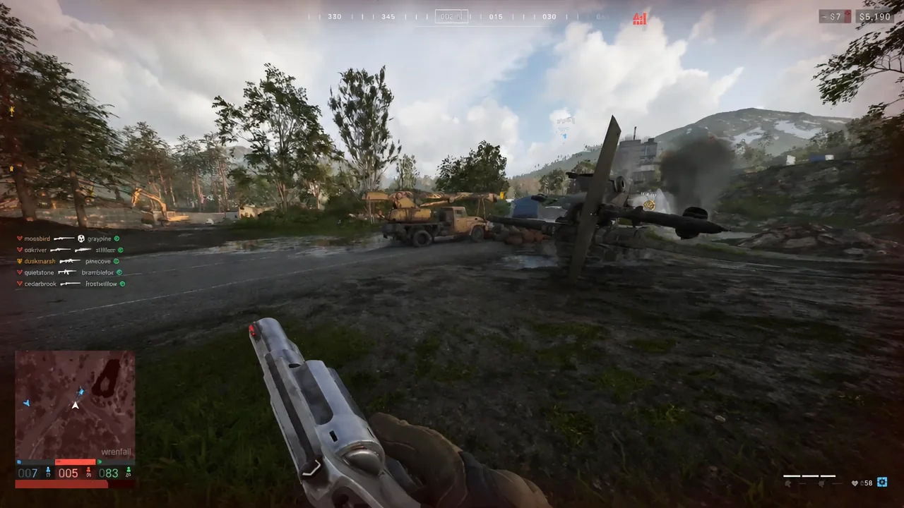 Player advancing toward a crashed aircraft and parked vehicles in the open, moments before being killed