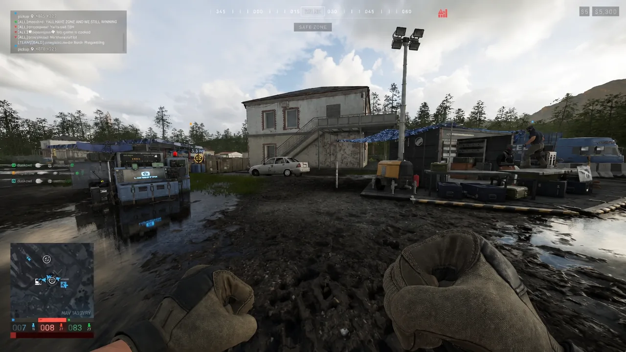 Player standing unarmed in the muddy safe zone after respawning, before opening the radial wheel