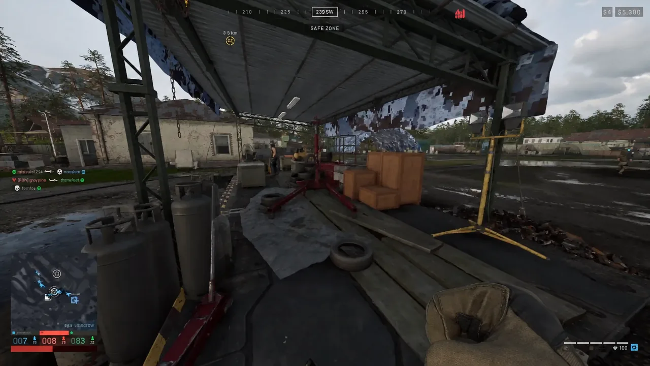 Player walking through a covered worksite in the safe zone after broadcasting a pickup request