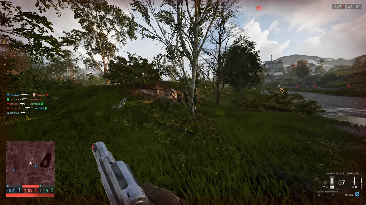 HUD view aiming a shotgun through foliage with a 121 m objective marker on the road ahead