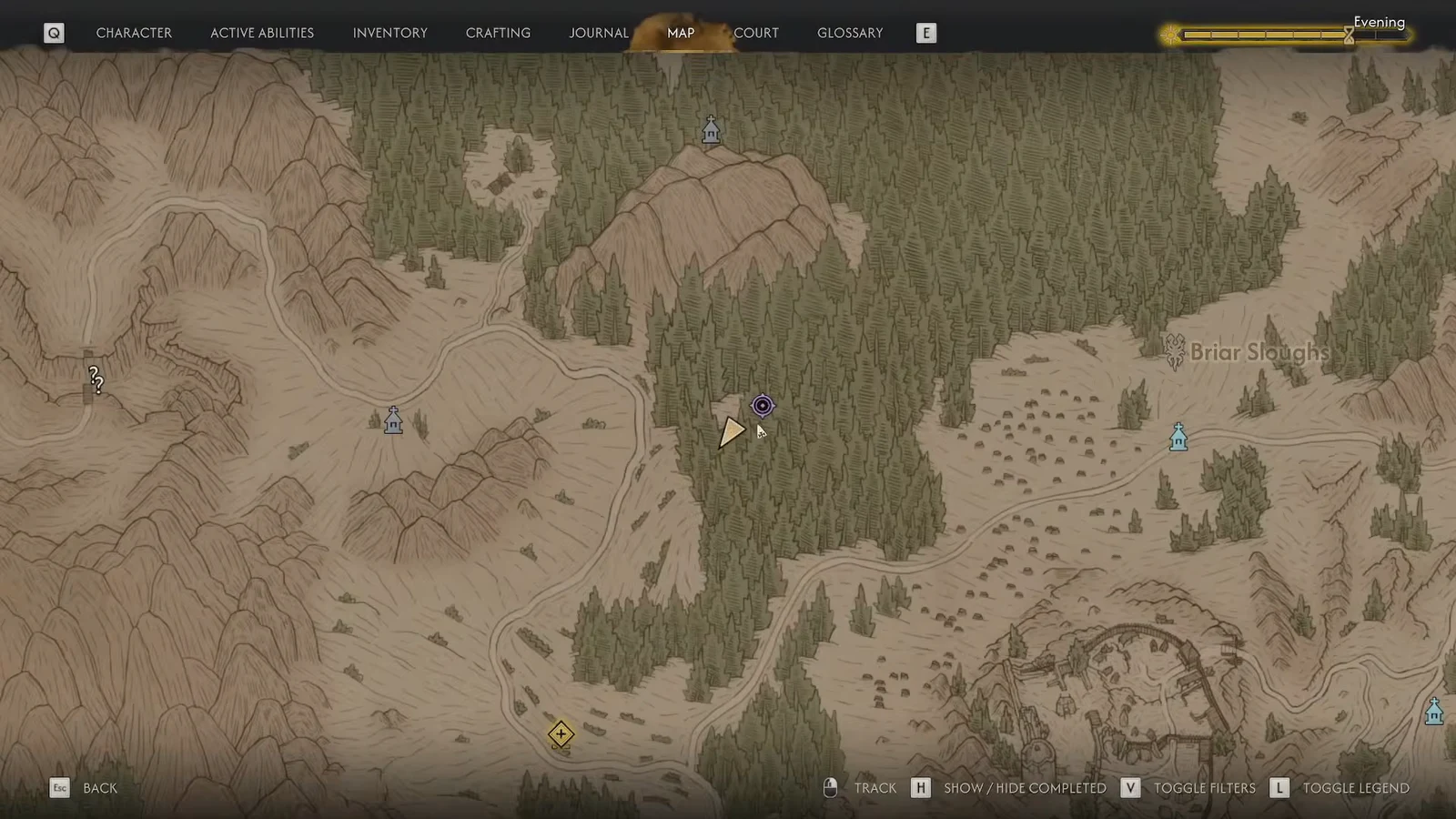 Open map with the cursor over a purple objective marker in the Briar Sloughs region