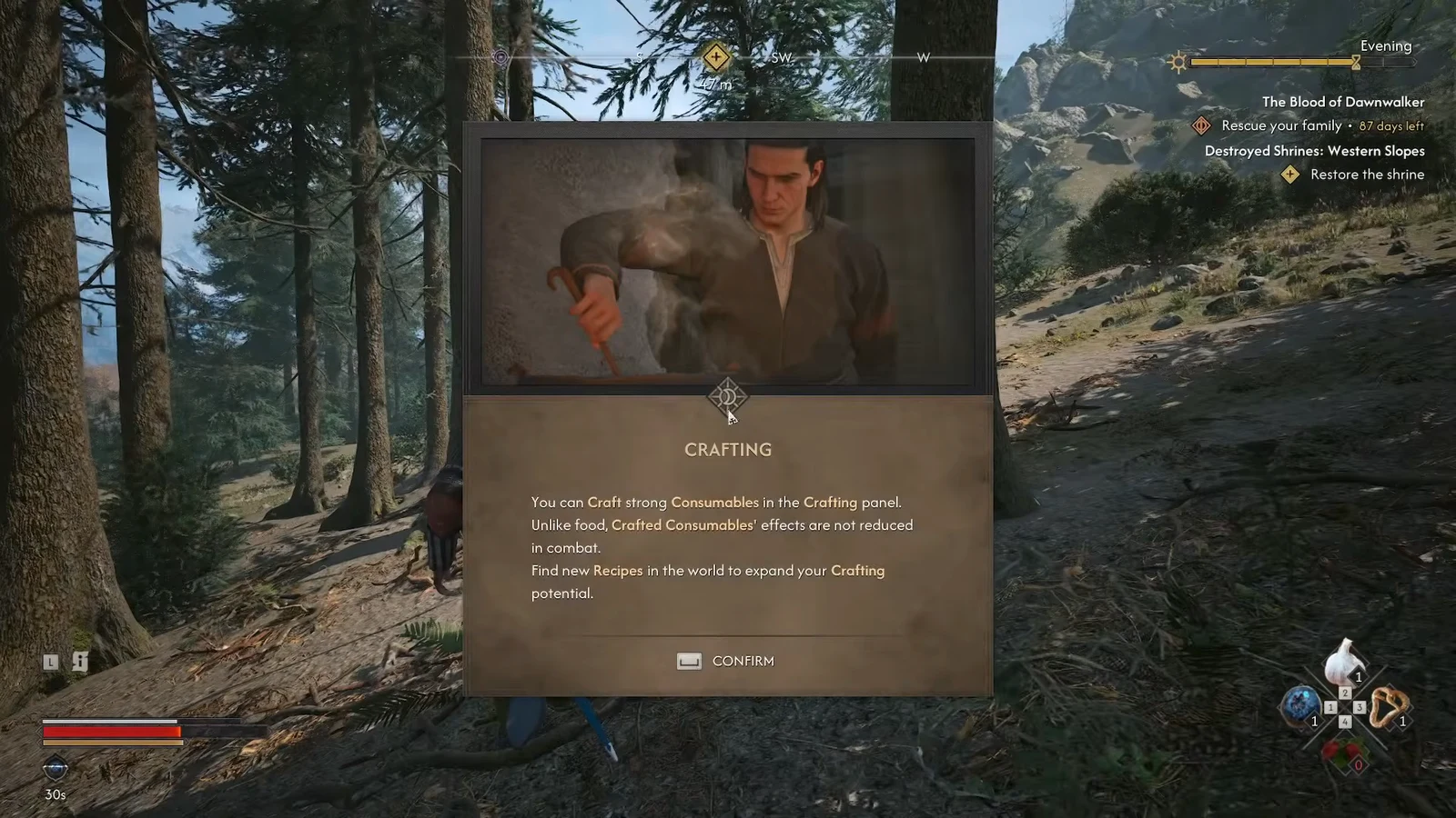 Crafting tutorial popup with a CONFIRM button covering the gameplay screen