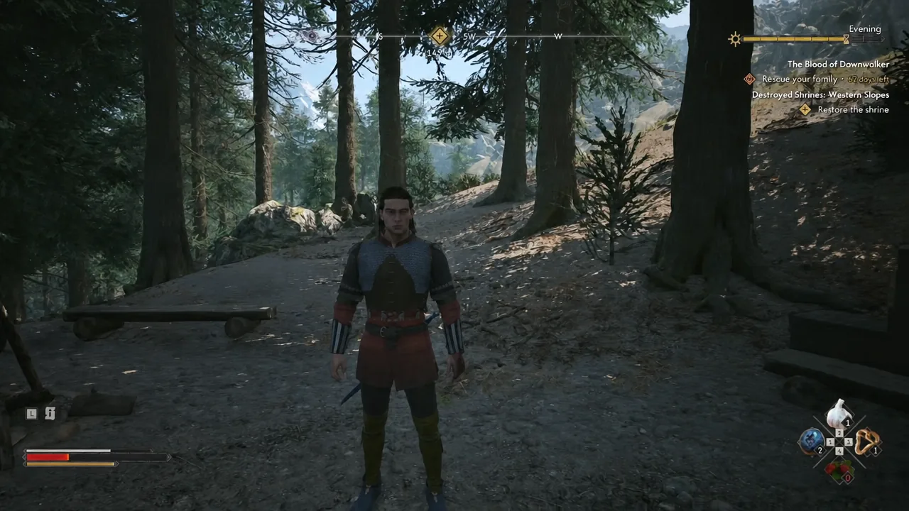 Coen standing in the Briar Sloughs woods with the quest tracker showing on the right